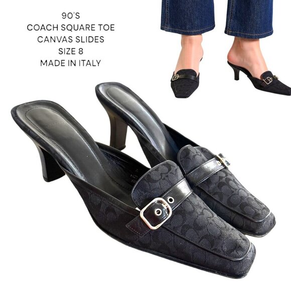 90'S VINTAGE BLACK COACH CANVAS LOGO MULES SLIDES MADE IN ITALY‎ SIZE 8 - Picture 1 of 5